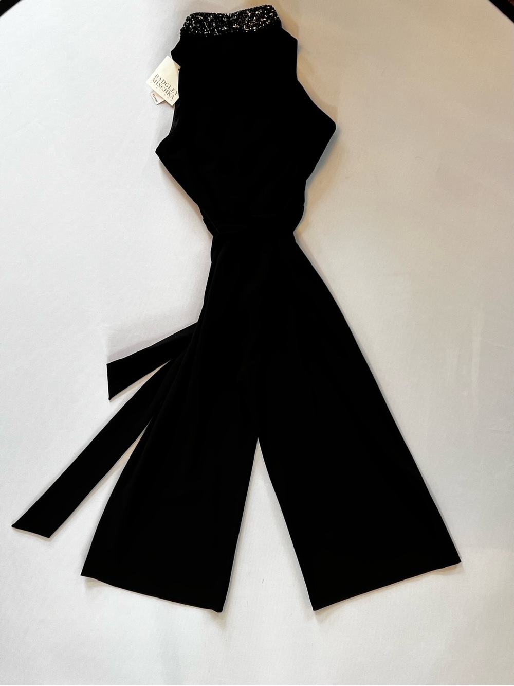 Badgley Mischka Black Beaded Halter Jumpsuit with Waist Sash (NEW) - Picture 10 of 16